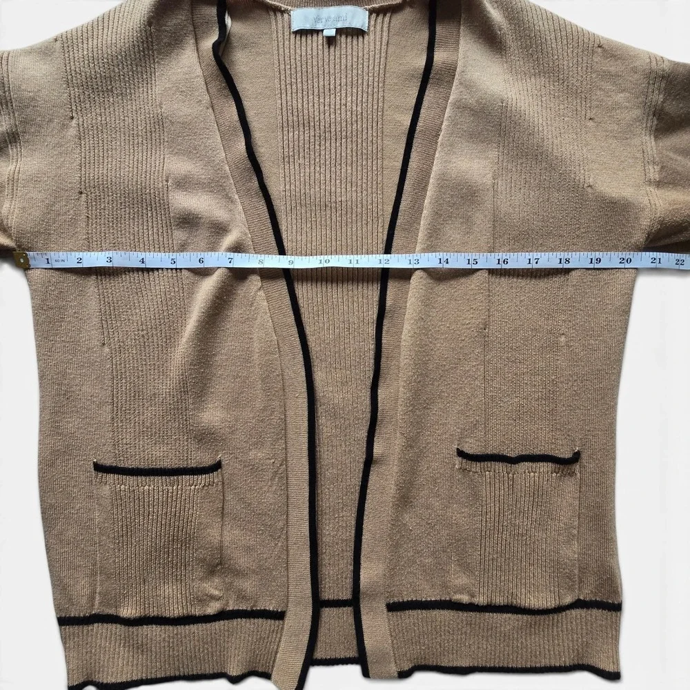 Verve Ami Tan Open Front Cardigan Black Trim Women M Ribbed Fine Knit Pockets
